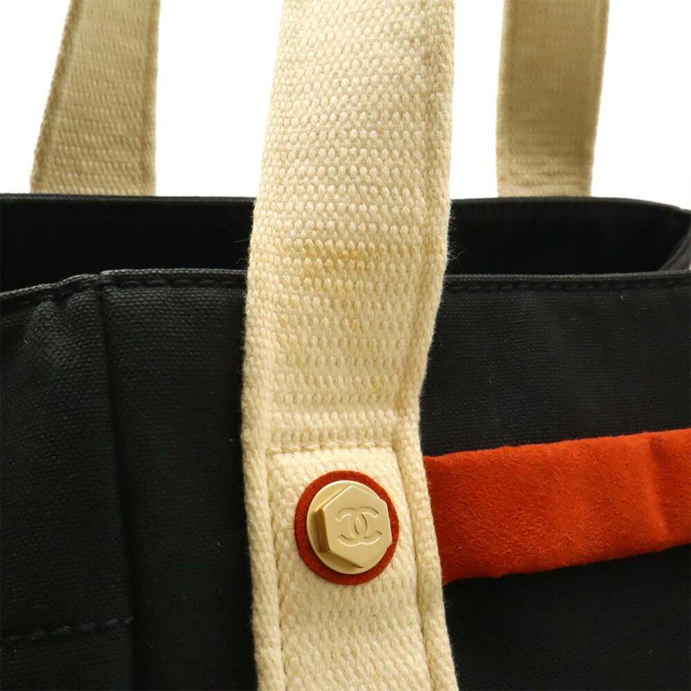 CHANEL Chocolate Bar Tote Bag Shoulder Canvas Leather Black Ivory Red - Picture 8 of 9